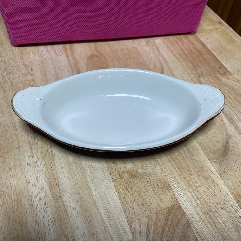 Hall China 527 Vintage Brown and White Oval Au Gratin Baker Dish Made in USA
